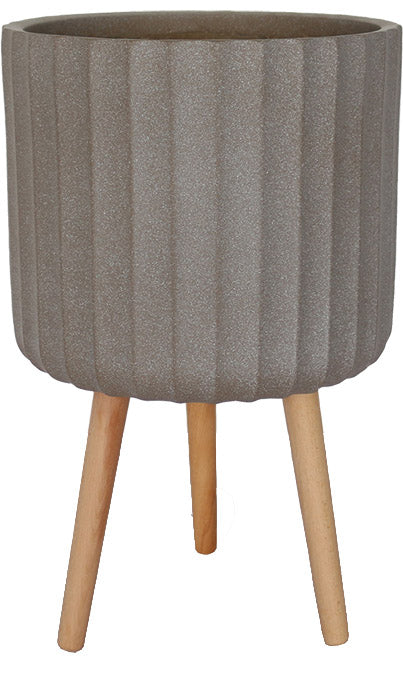 Vertical Stripes Finish Cylinder Pot with Wood Legs