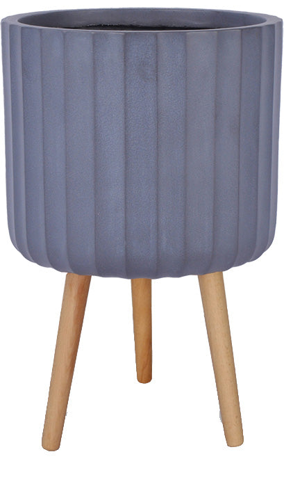 Vertical Stripes Finish Cylinder Pot with Wood Legs